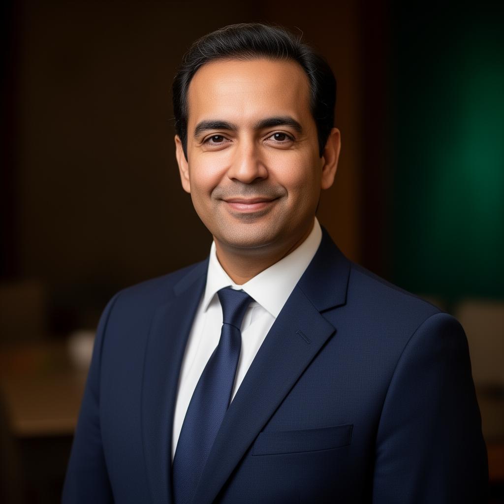Portrait of the lead instructor, in a navy suit, against a dark studio backdrop